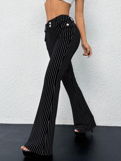 SHEIN ICON Low-Waist Slim-Fit Striped Flare Pants With Attached Pocket, Black And White
