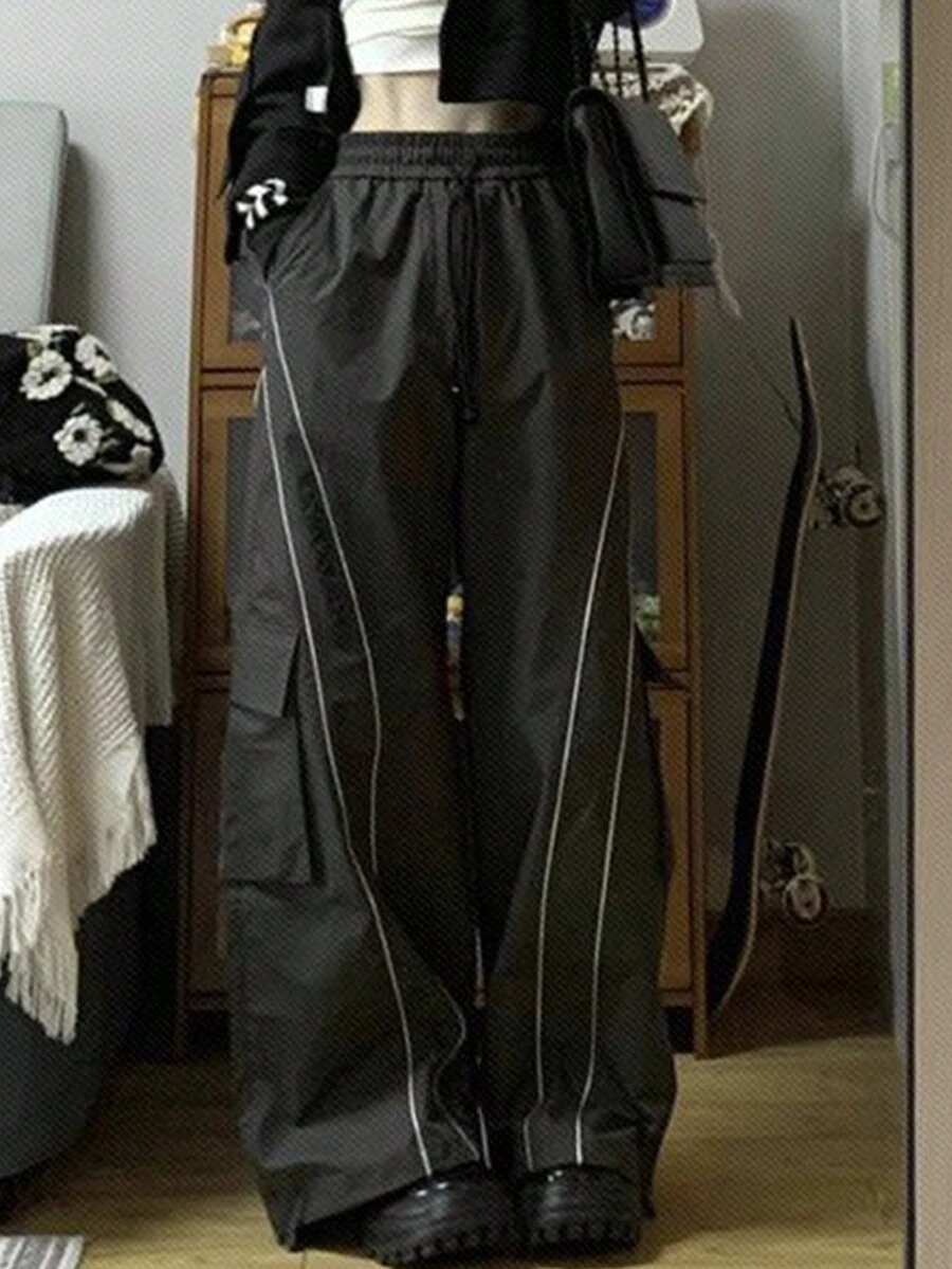 Muchica Băng phản quang Khối màu Quần áo bảo hộ lao động thông thường Quần ống rộng - màu đen - Xem 1