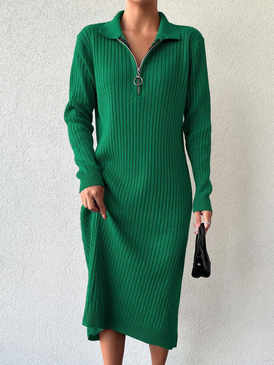 EURMUSE Collared Zipper Detail Knit Sweater Dress - Green - View 1
