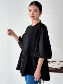 FRIFUL Women's Plain And Simple Short Sleeve Daily Shirt,Ruffle - Black - View 6