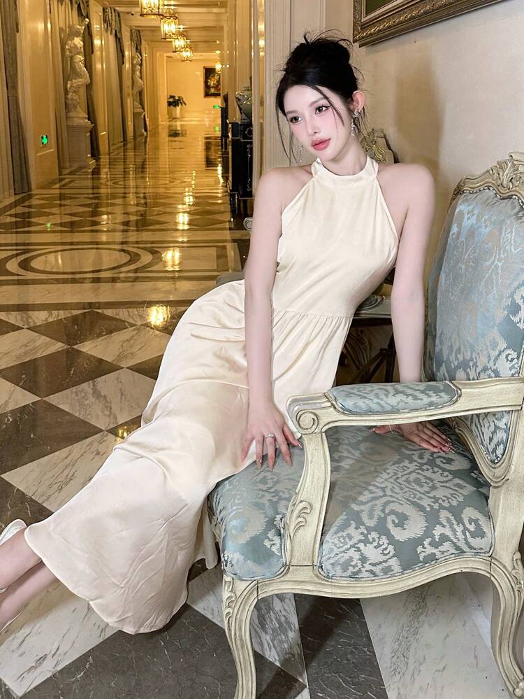 Women's Summer Solid Color Long Elegant Halter Dress, Birthday Prom Dress Sundress,Formal Women Dresses Maxi Dress
