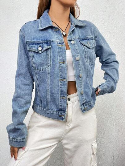 SHEIN EZwear Women's Single Breasted Washed Denim Jacket, Fall Women Clothes