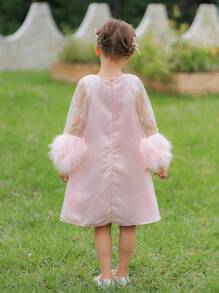 SHEIN Glamorique Kids 女孩閃爍水晶珠綴飾紗裙披肩，毛皮拼接和網狀裙裝，適合派對 - 粉色 - 查看 2