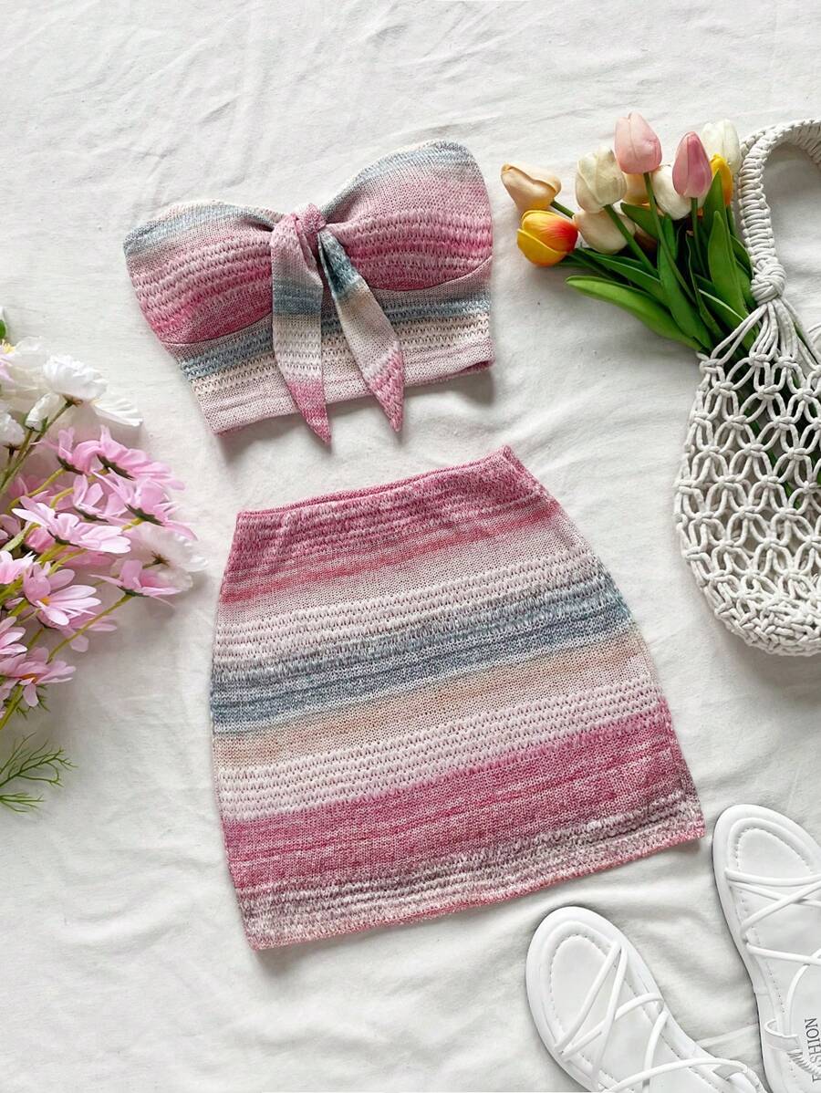 Soleia 女性粉色度假款無肩帶結前短上衣及緊身裙套裝 - 粉色 - 查看 1