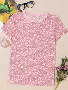 Cheetah Print Crew Neck Short Sleeve T Shirt - Pink - View 3