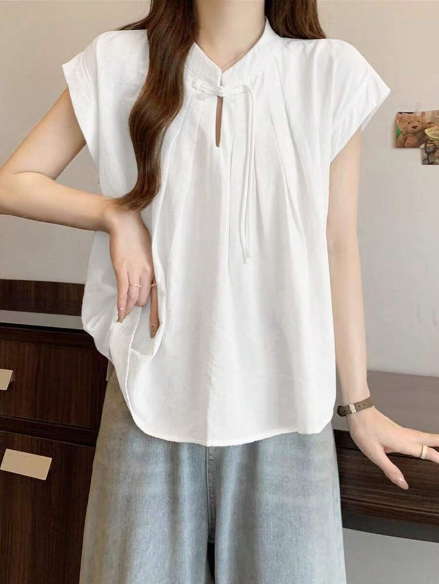 SHEIN Unity Kemeja Wanita Lengan Pendek Kasual Kancing Depan Warna Polos, Musim Panas - MultiWarna - View 1