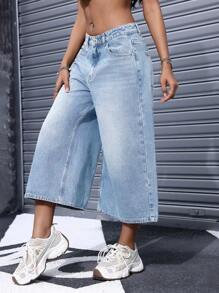 SHEIN EZwear Quần denim dáng rộng cạp cao có túi cho nữ - Rửa nhẹ - Xem 1
