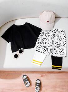 Fashionable Streetwear Girls' Outfit With Smiling Faces Print, Cool 2 In 1 Bottoms Set, High Rate Casual Summer Streetwear - Multicolor - View 2
