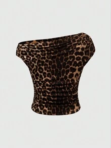 ROMWE Grunge Punk Tricou Y2K Gyaru, cu imprimeu leopard, strâns, cu gât asimetric, cu volan, pentru femei, retro și millennial, școală