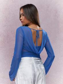 MISSGUIDED Sheer Mesh Cowl Back Long Sleeve Top - Blue - View 2