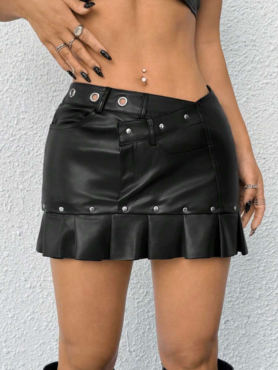 SHEIN ICON Y2k Slim-Fit PU Asymmetrical Waist And Eyelet Studded Decor Women's Skirt Black Mini Skirts Back To School Clothes Rave Festival Concert Outfits - Black - View 1