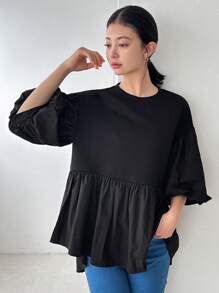 FRIFUL Women's Plain And Simple Short Sleeve Daily Shirt,Ruffle - Black - View 8