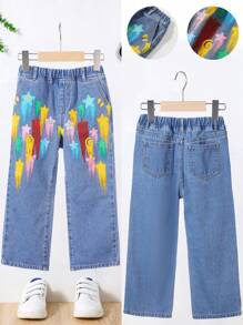 SHEIN Jean ample décontracté de couleur imprimé étoile pour garçon jeune, sac leger, à la mode pour quotidien et été, vêtements d'été mignons pour l'école - Bleu azur - Voir 1