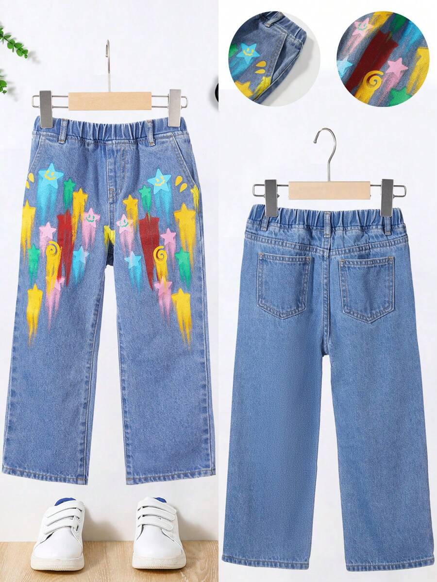 SHEIN Jean ample décontracté de couleur imprimé étoile pour garçon jeune, sac leger, à la mode pour quotidien et été, vêtements d'été mignons pour l'école - Bleu azur - Voir 1