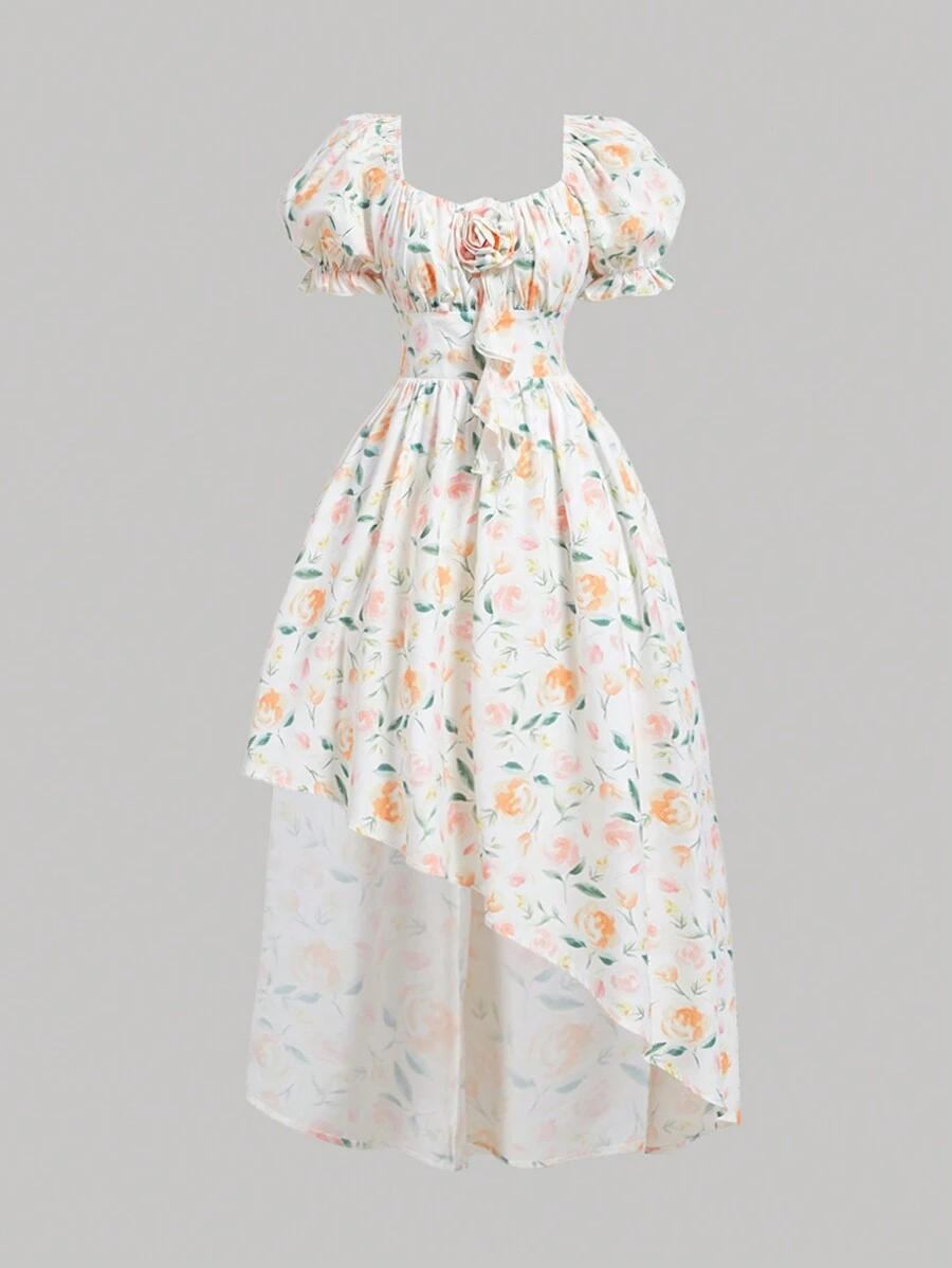 SHEIN MOD White Floral Summer Cottage Core Tea Party Dress,Square Neck Puff Sleeve Asymmetrical Hem 3D Flower Cinched Waist Woman's Vintage Wedding Party Dress - Multicolor - View 1