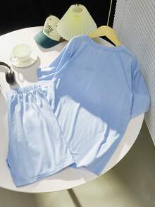 SHEIN Bộ áo thun ngắn tay và quần short in chữ thông thường dành cho tuổi teen, mùa Xuân/Hè - Màu xanh lam - Xem 2