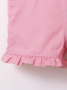 SHEIN 女童粉色牛仔褲短褲，配有褶皺肩帶 - 粉色 - 查看 5