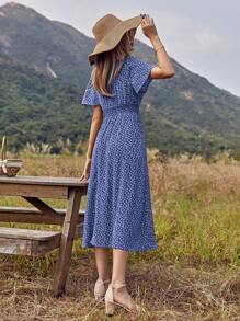 SHEIN Clasi Kỳ nghỉ giải trí Váy thắt lưng xếp li hoa Ditsy - Màu xanh ngọc - Xem 2