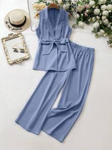 Mulvari Ladies' Plain Belted Sleeveless Top And Long Pants Summer Casual Suit
