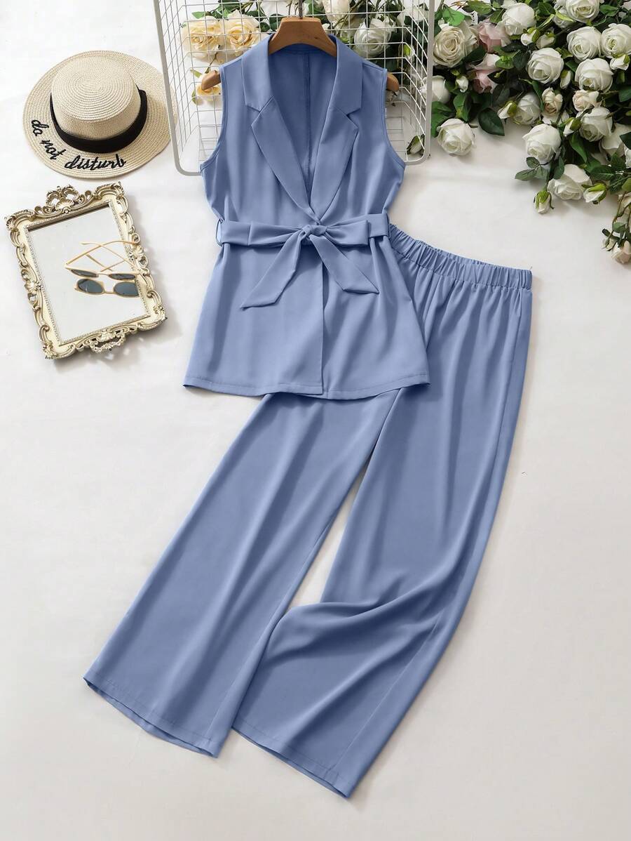 Mulvari Ladies' Plain Belted Sleeveless Top And Long Pants Summer Casual Suit
