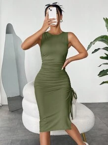 SHEIN EZwear 綠色針織無袖女性緊身連身裙 - 軍綠色 - 查看 6
