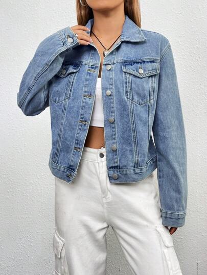 SHEIN EZwear Women's Single Breasted Washed Denim Jacket, Fall Women Clothes