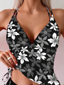 SHEIN Swim 夏季随机印花两件套泳衣 - 黑色 - 查看 3