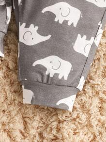SHEIN Baby Boy's Fun Knitted Elephant Pattern Soft Skin-Friendly Long Sleeve Top And Pants Pajama Set - Grey - View 5