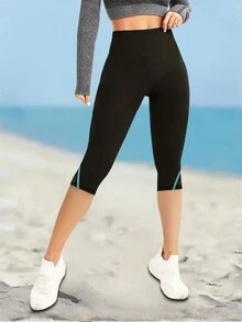 Pantalones cortos Capri de yoga de cintura alta de malla para mujer, Leggings Capri para entrenamiento con control de abdomen - Negro - Ver 4