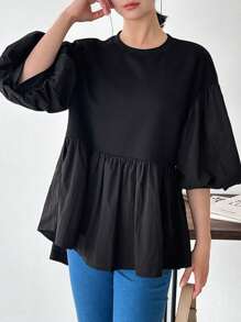 FRIFUL Women's Plain And Simple Short Sleeve Daily Shirt,Ruffle - Black - View 9