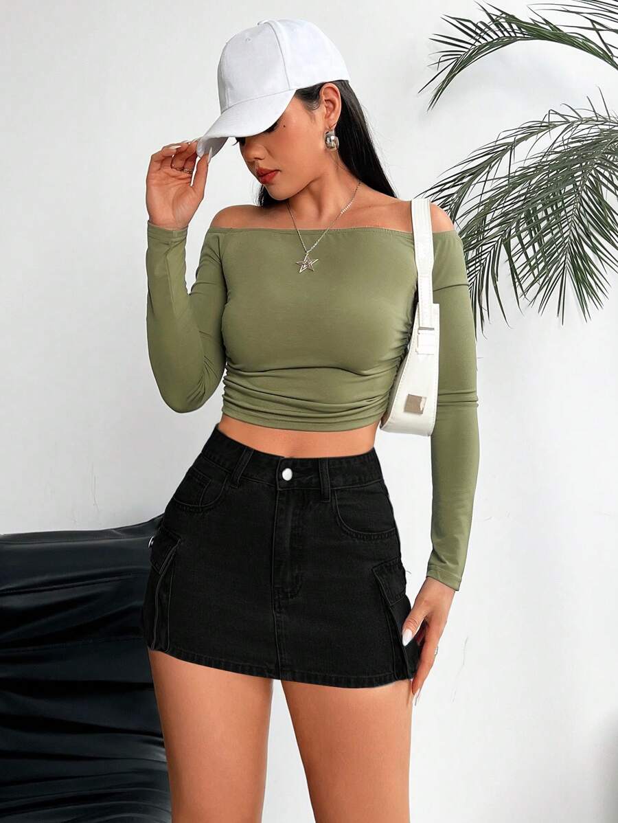SHEIN PETITE 女款純色簡約日常牛仔裙,適合嬌小女性 - 黑色 - 查看 1