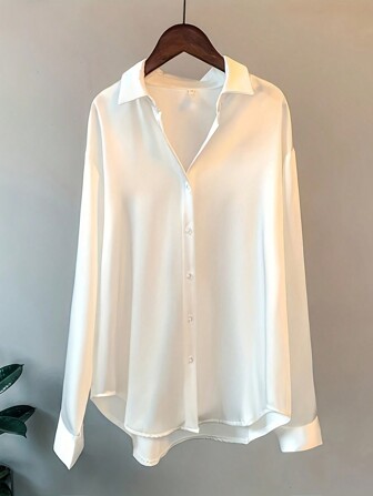 Plus Size Women's Solid Color Casual Loose Fit Long Sleeve White Shirt, Autumn