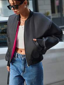 RueChic Veste d'hiver bomber courte matelassée pour femmes avec épaules tombantes