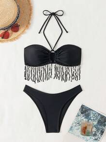Swim EVENT Women's Vacation Patchwork Fringe Halter Strap Sexy Bikini Set, Separates Bikini Set Summer Beach - Black - View 5