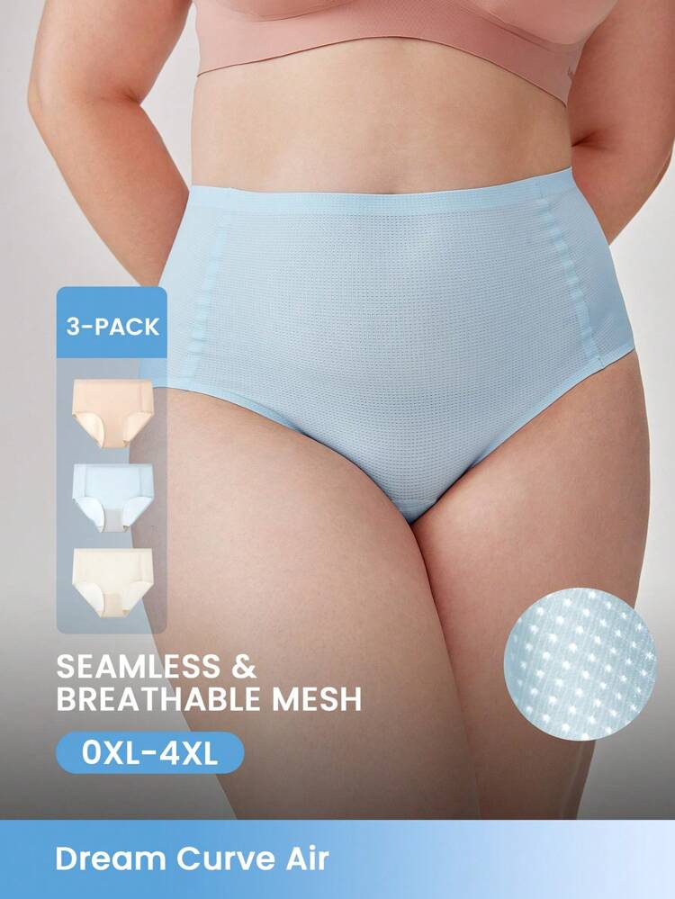 Plus 3-Pack Smoothing No Show Quick Dry High-Waist Briefs Women Underwear Panties Set-Pastel Color