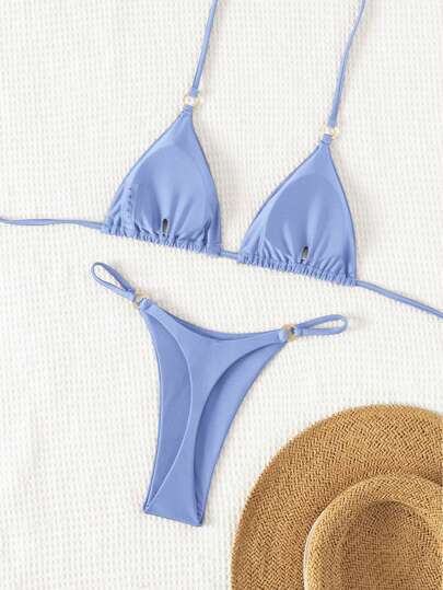 SHEIN Swim Women's Summer Beach Solid Color Pleated Sexy Bikini Set