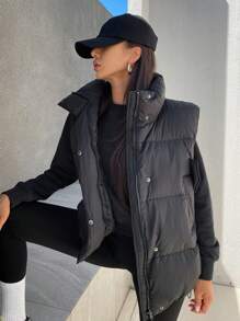 DAZY Women's Sleeveless Vest With Pockets, Black, Winter Women Clothes, Padded Coat Women