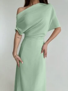 Aloruh 女士純色不對稱領口腰收集伞領簡約優雅連衣裙 - 薄荷綠 - 查看 6