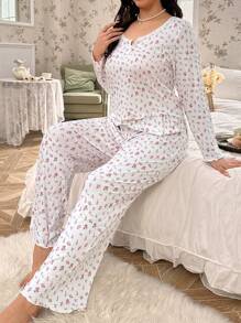 CottageSlumber Plus-Size Floral Print Collar And Lace Hem Decorated Pajamas Set - Multicolor - View 1