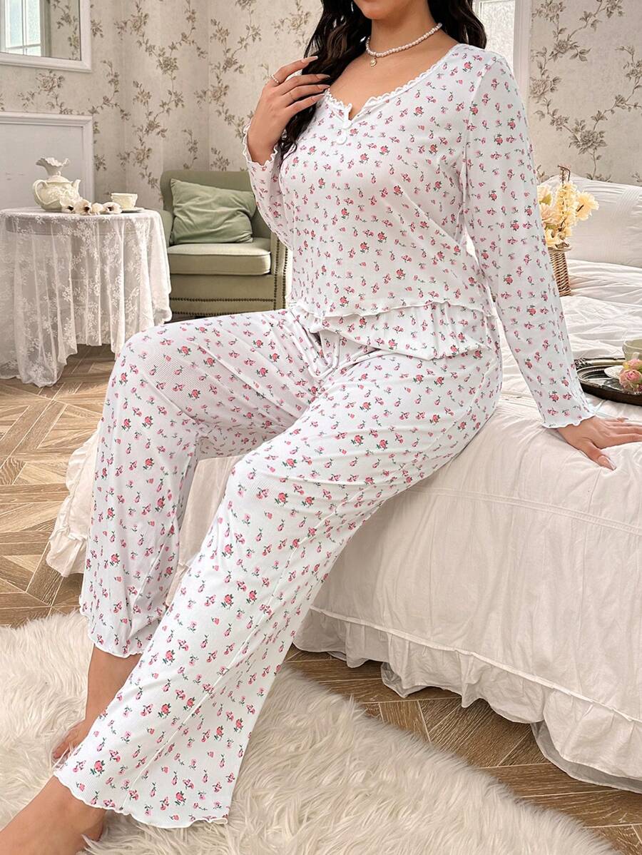 CottageSlumber Plus-Size Floral Print Collar And Lace Hem Decorated Pajamas Set - Multicolor - View 1
