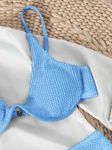 SHEIN Swim 女士夏季海灘純色紋理性感比基尼套裝，帶有鋼圈 - 淺藍色 - 查看 5