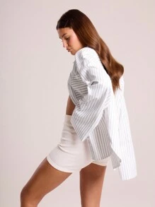 MUSERA Áo sơ mi công sở kẻ sọc, vai rớt, túi vá, thích hợp cho mùa xuân hè, lễ Phục sinh, ngày lễ. - Nhiều màu - Xem 2