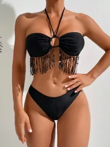 Swim EVENT Women's Vacation Patchwork Fringe Halter Strap Sexy Bikini Set, Separates Bikini Set Summer Beach - Black - View 4