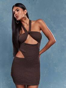 MISSGUIDED 紋理露背束領蝴蝶結細節露背連身迷你緊身裙 - 咖啡 - 查看 4