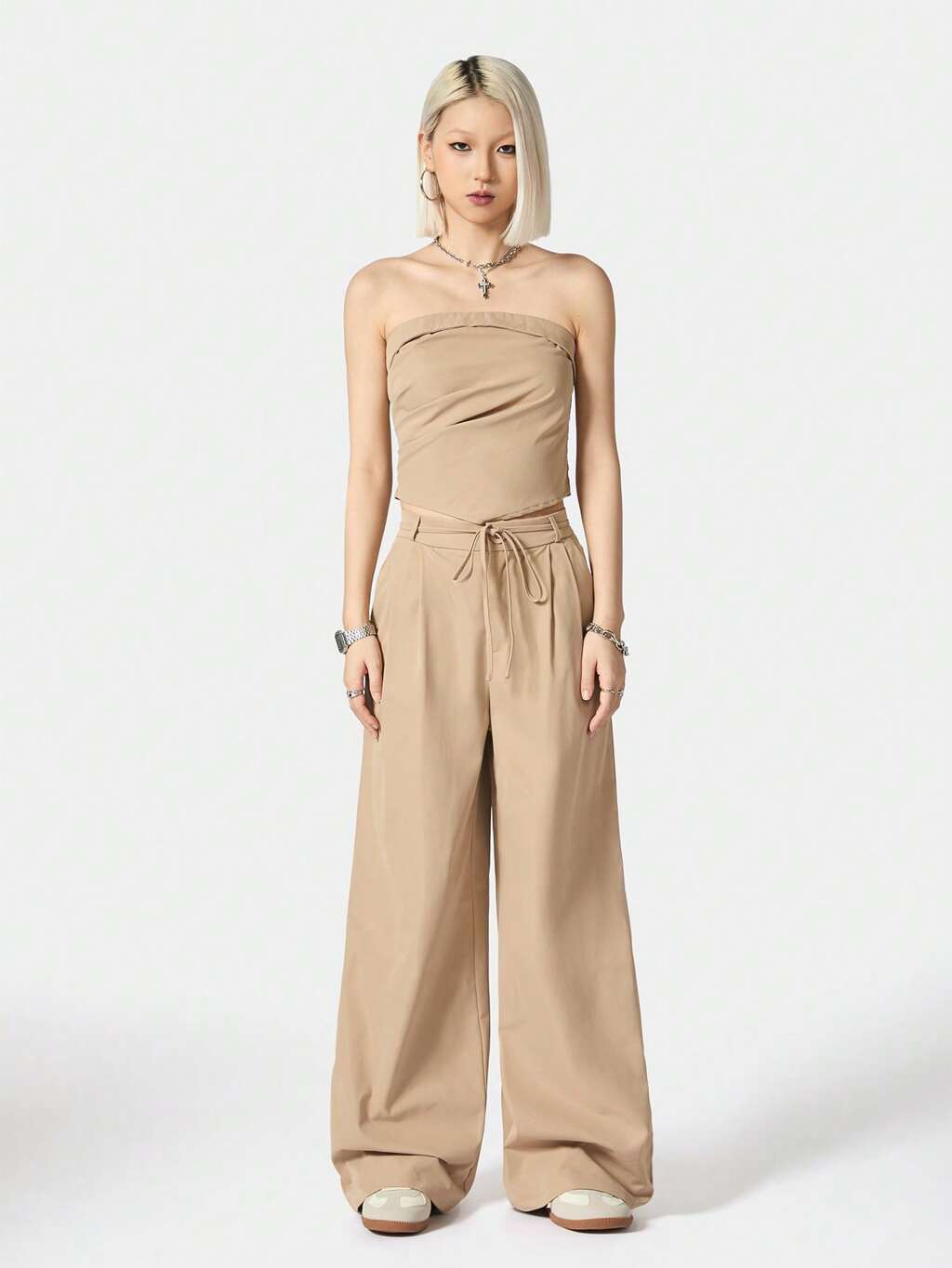Summer Women's Strapless Top And Wide-Leg Pants Casual Casual 2-Piece Set