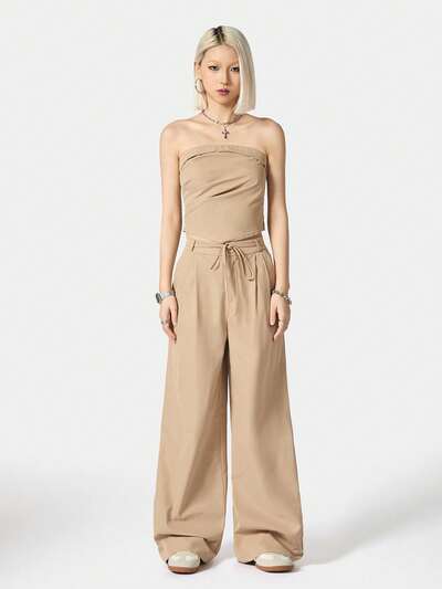 Summer Women's Strapless Top And Wide-Leg Pants Casual Casual 2-Piece Set