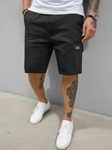 Manfinity Homme 男士寬鬆休閒工作短褲，拼接設計，多個口袋 - 黑色 - 查看 1
