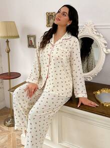 CottageSlumber Conjunto de pijama con top y pantalones con estampado floral y ribete de contraste, ropa de otoño e invierno cómoda y elegante - Beis - Ver 4
