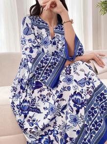 Yasmyna Vestido largo de manga larga de uso diario y modesto con estampado vintage para mujer