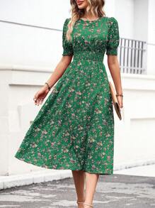 EMERY ROSE Ditsy Floral Puff Sleeve Cinching Waist Vacation Casual Dress Maxi Women Outfit - Green - View 3